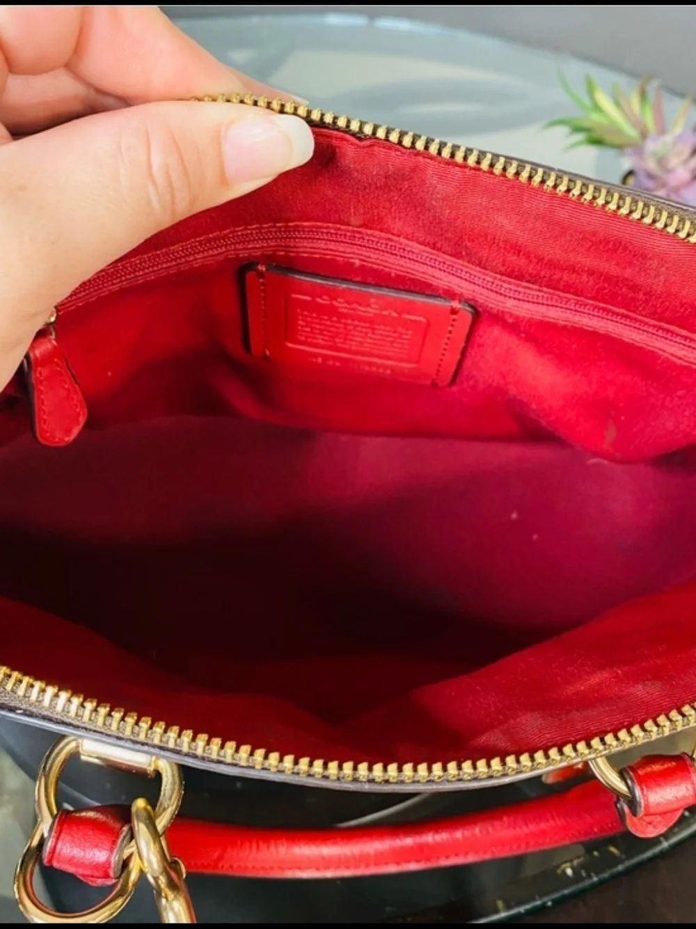 Coach Brown Signature Dome Satchel with Red Trim